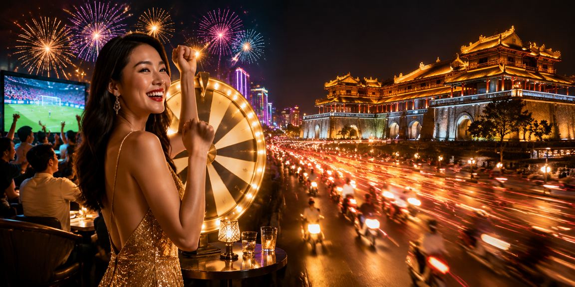 Vòng quay may mắn neon tại sự kiện rika ở Huế ban đêm